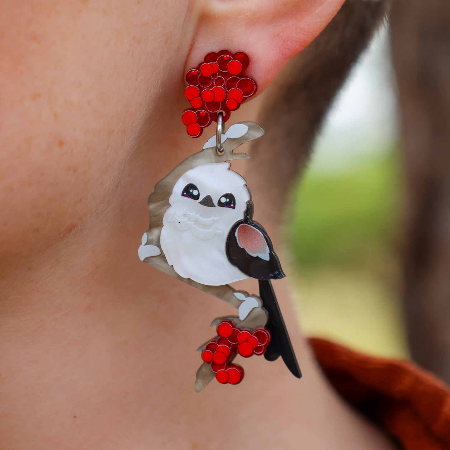 NEW: Japanese Long-Tailed Tit - "Snow Fairy" - Handmade Acrylic Bird Earrings