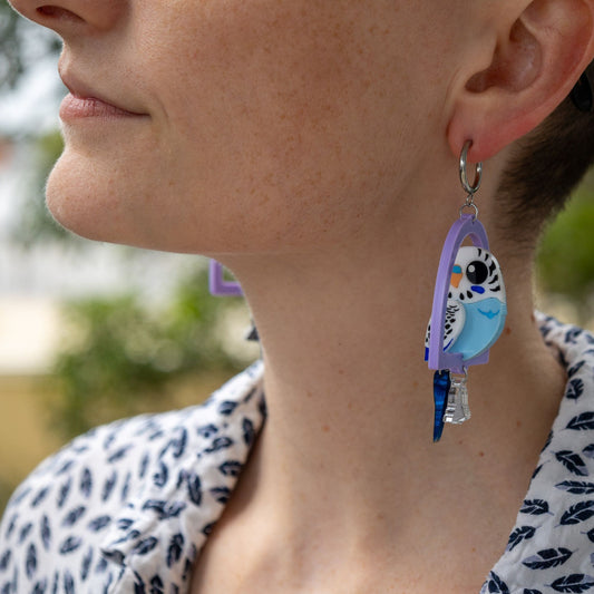 Blue & White 3D Budgie Hoop Dangles - Statement Acrylic Bird Earrings