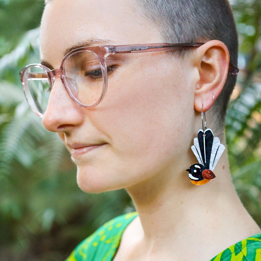 BINKABU Pīwakawaka Hoops handmade acrylic bird earrings