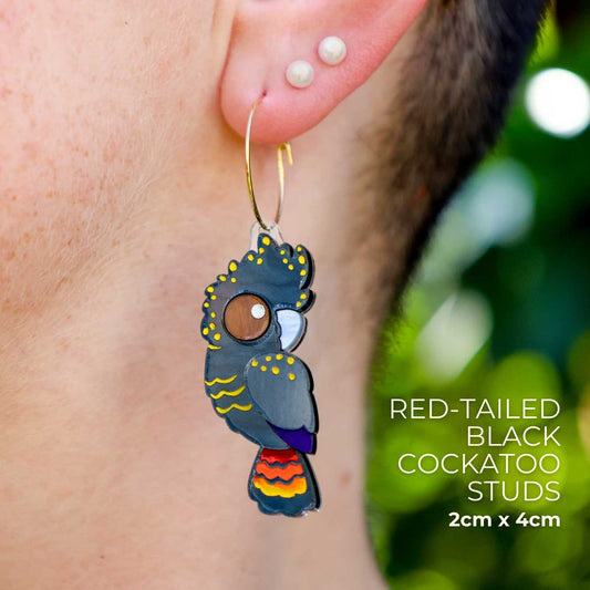 BINKABU Red-Tailed Black Cockatoo handmade acrylic bird earrings