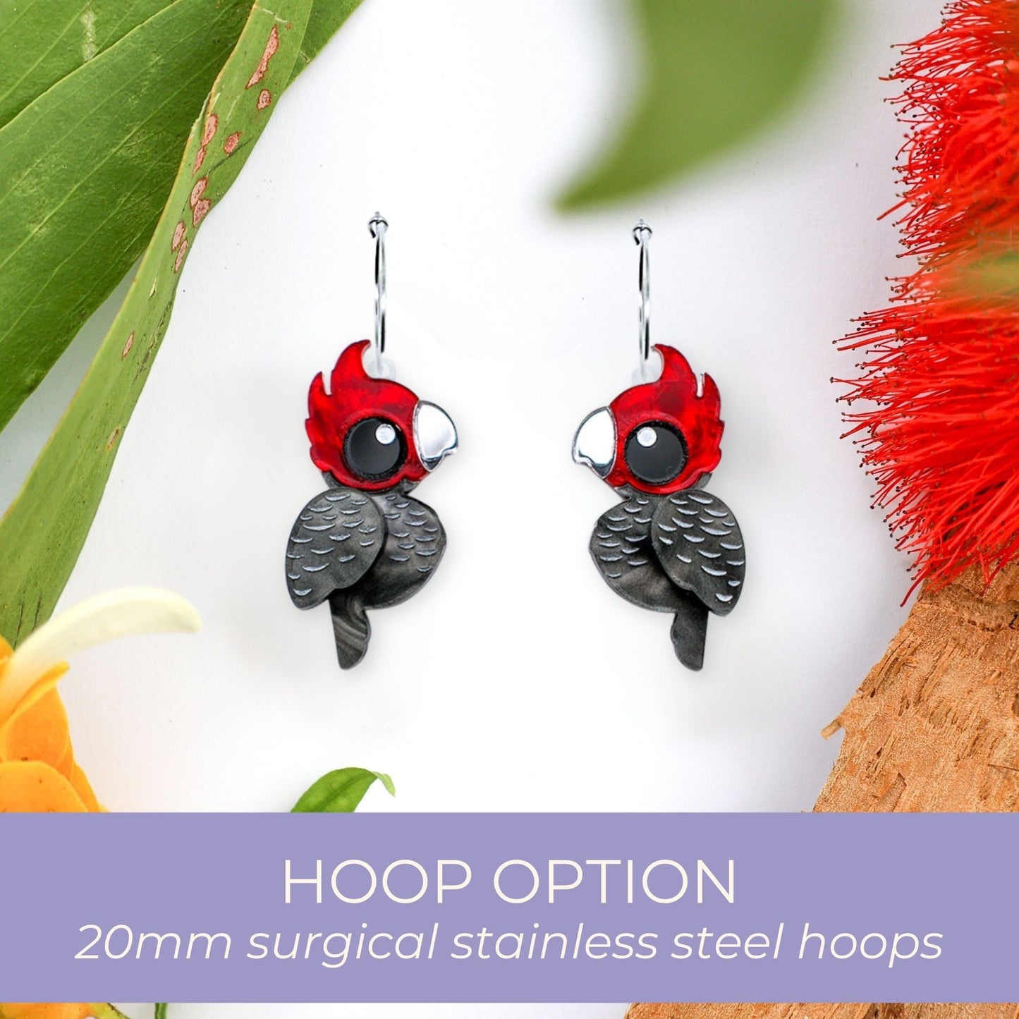 BINKABU Gang Gang Cockatoo Studs handmade acrylic bird earrings
