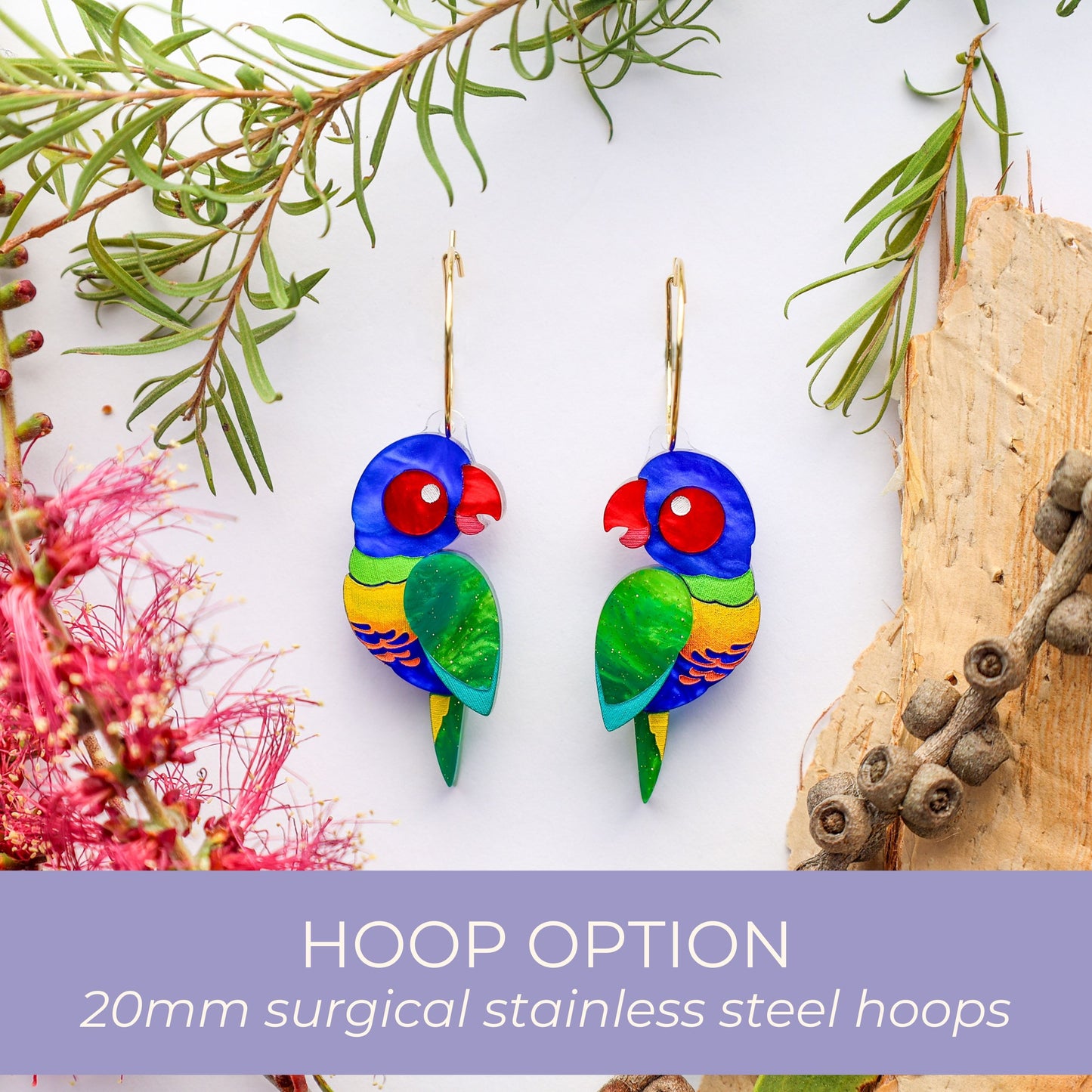 BINKABU Rainbow Lorikeet Studs handmade acrylic bird earrings