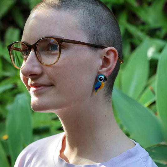 BINKABU Blue and Gold Macaw handmade acrylic bird earrings
