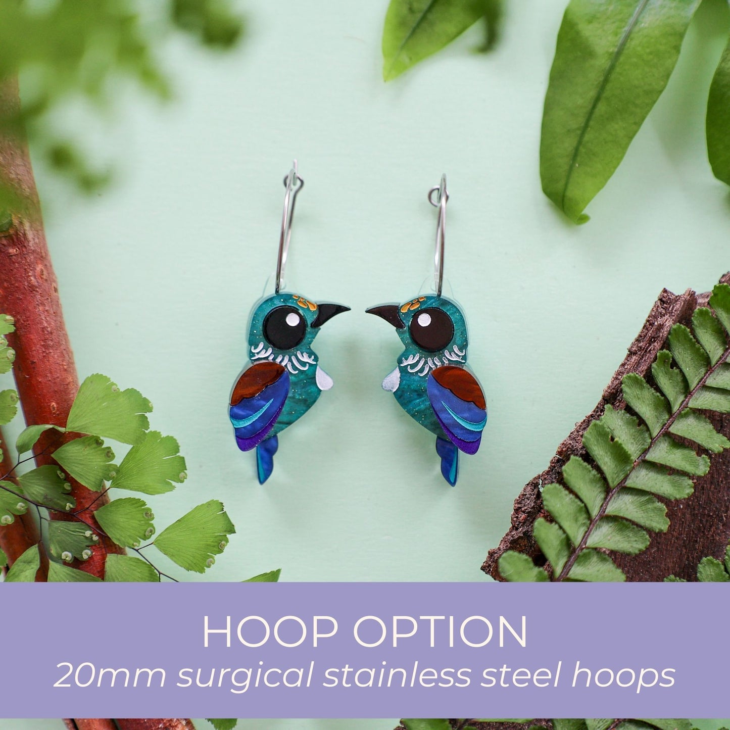 BINKABU Tūī studs handmade acrylic bird earrings