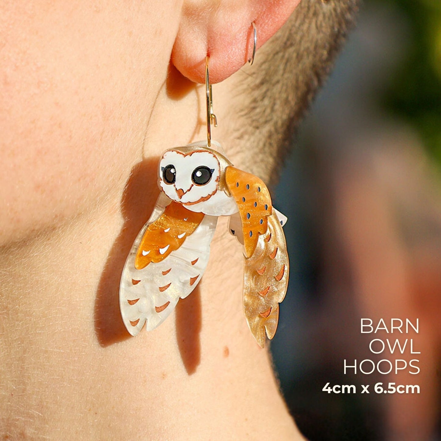 BINKABU Barn Owl Hoops handmade acrylic bird earrings