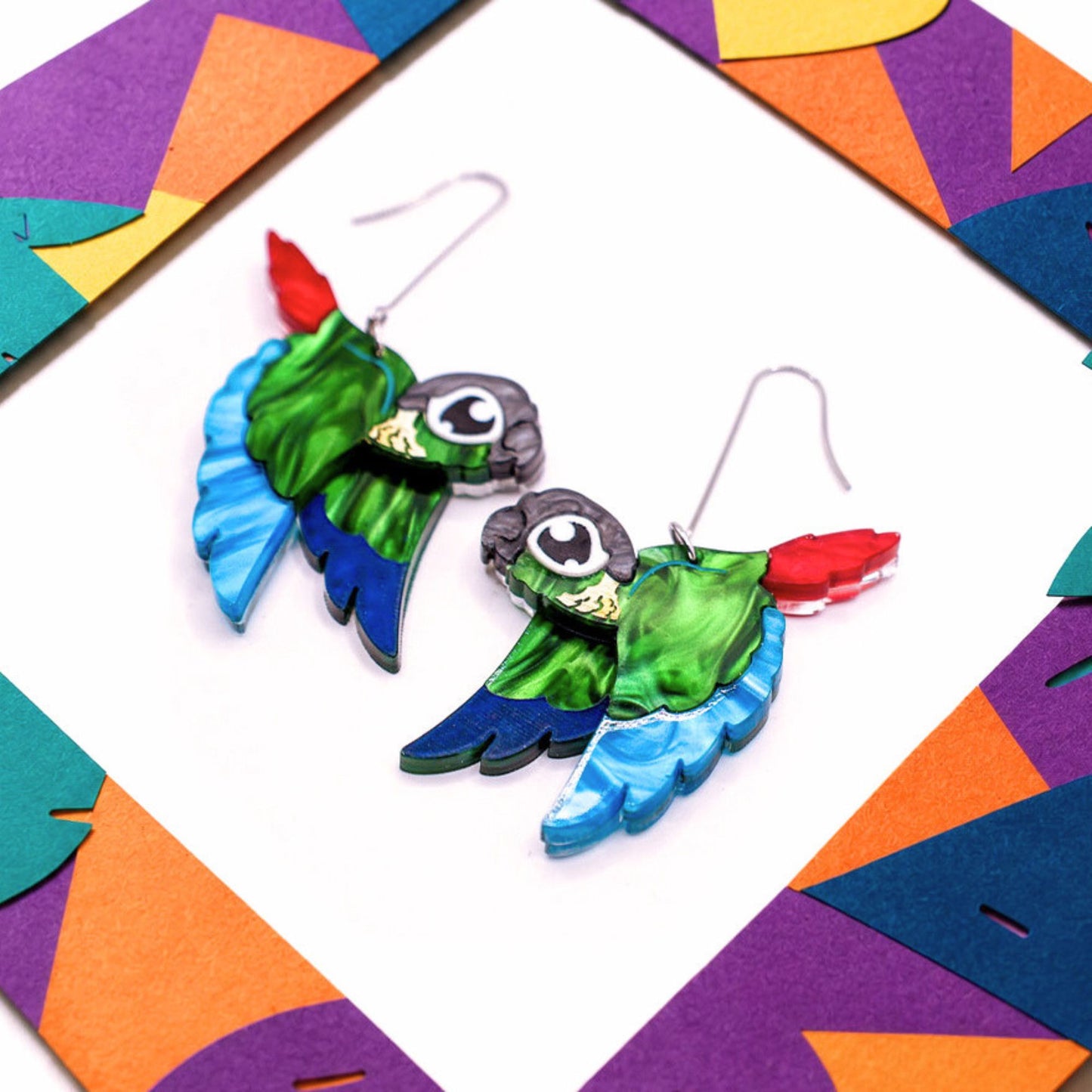 Green-cheeked Conure Acrylic Dangle Earrings - Handmade Bird Earrings
