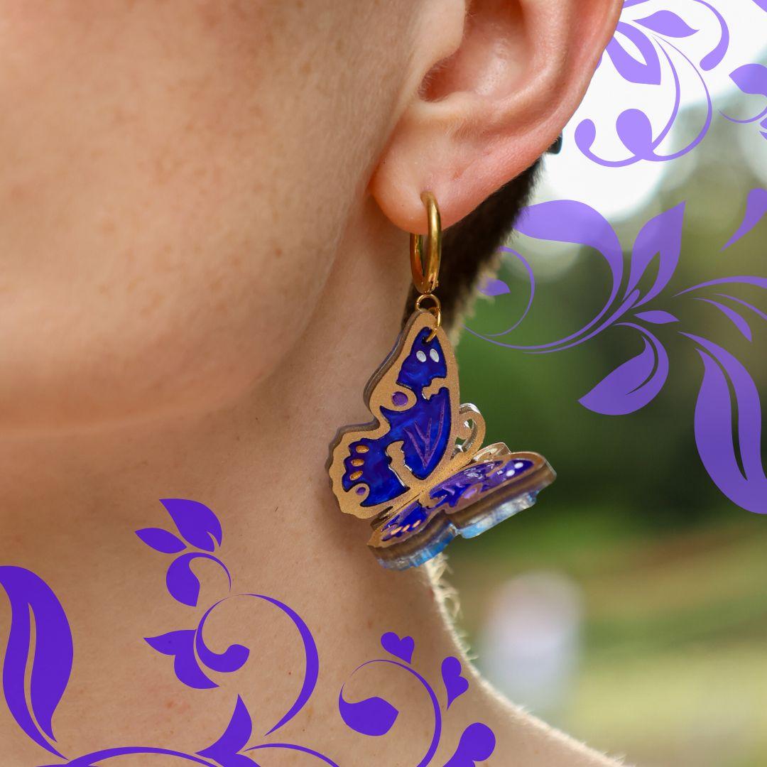 The Lesser Purple Emperor - 3D Butterfly Hoop Earrings - Handmade Acrylic Jewellery
