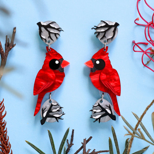 BINKABU - Northern Red Cardinal Dangle Earrings - North American Songbirds