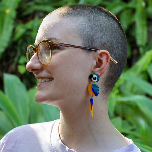 BINKABU Blue and Gold Macaw handmade acrylic bird earrings