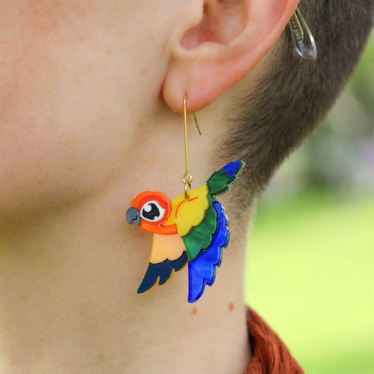 Sun Conure Acrylic Dangle Earrings - Handmade Bird Earrings