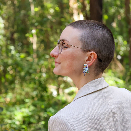 Blue & White Budgie Studs - Statement Acrylic Bird Earrings