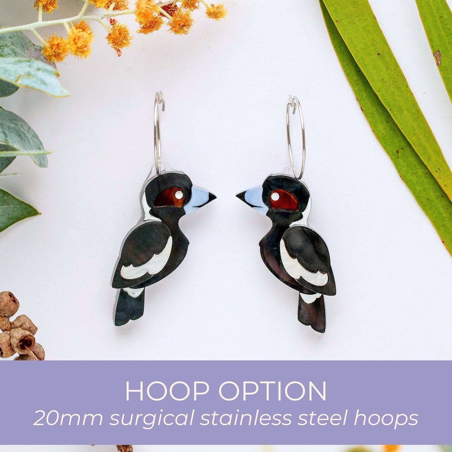 BINKABU Magpie Studs handmade acrylic bird earrings