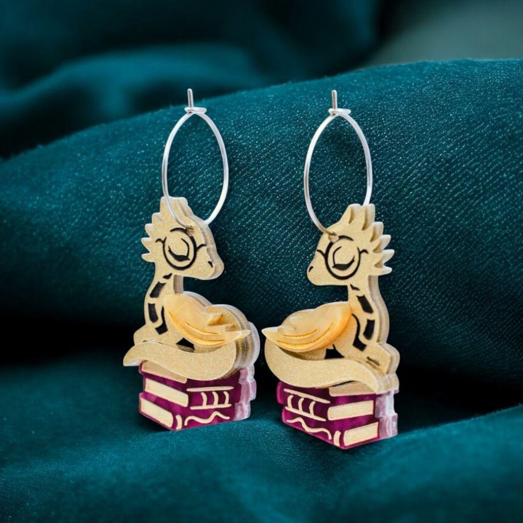 Sleepy Book Dragon Hoop Earrings - Handmade Fantasy Jewellery