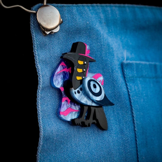 LIMITED EDITION - Six-Eyed Magpie Brooch - Acrylic Halloween Jewellery