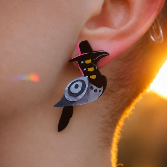 LIMITED EDITION - Six-Eyed Magpie Studs - Acrylic Halloween Bird Earrings