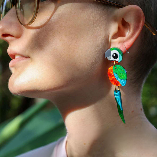 BINKABU Harlequin Macaw Handmade Acrylic Bird Earrings