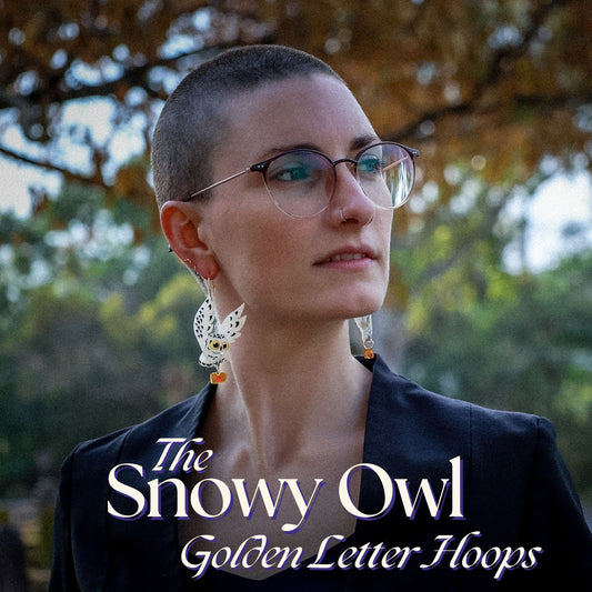 Snowy Owl 'Golden Letter' Hoop Earrings - Statement Bird Earrings