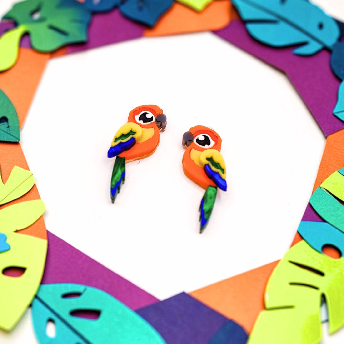 Sun Conure Acrylic Stud Earrings - Handmade Bird Earrings