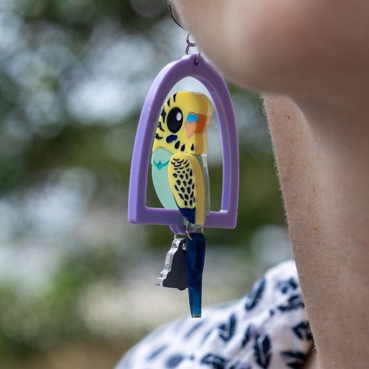 Green & Yellow 3D Budgie Hoop Dangles - Statement Acrylic Bird Earrings