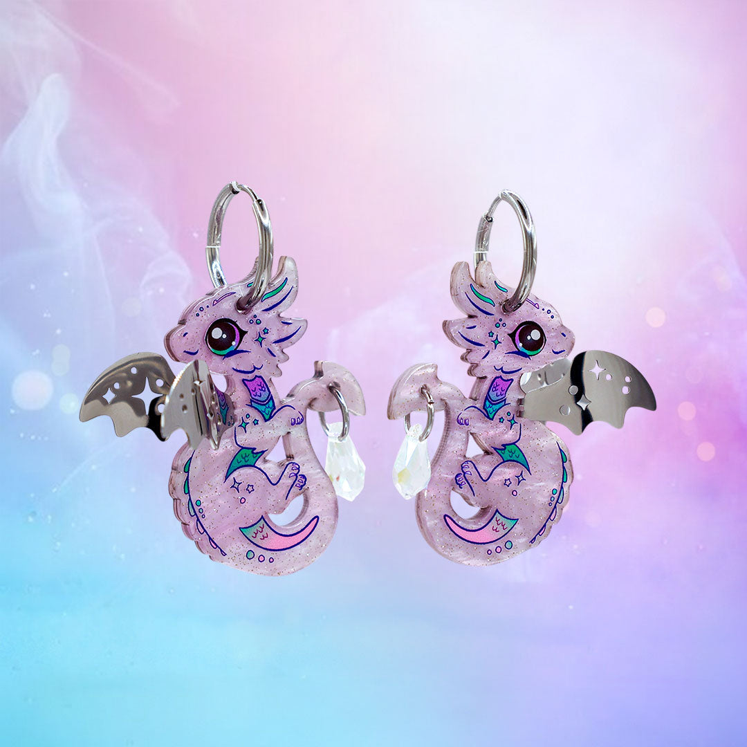 AURORA - 3D Dragon Earrings - Acrylic + Polished Stainless Steel