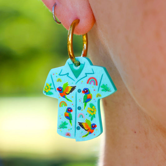 Bird Shirt Hoop Earrings - Aqua Rainbow Lorikeet Print - 2026 Birthday Collection