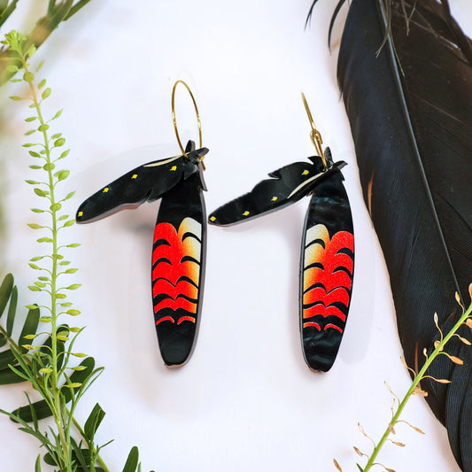 Foraged Feathers - Red-Tailed Black Cockatoo - Handmade Statement Bird Earrings
