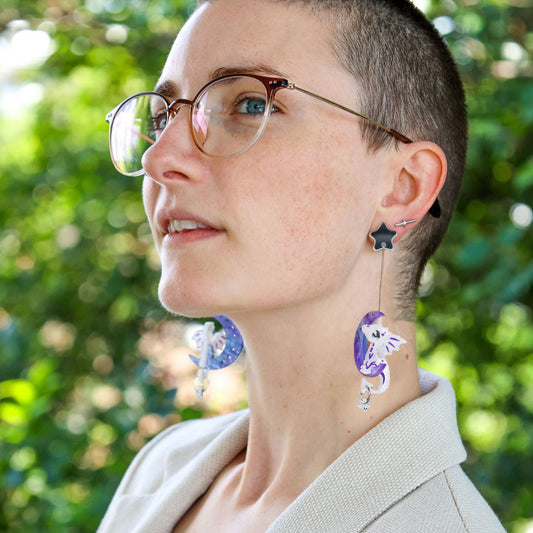 DISCONTINUED - 3D ‘Luna' Moon Dragon - Handmade Acrylic Dangle Earrings