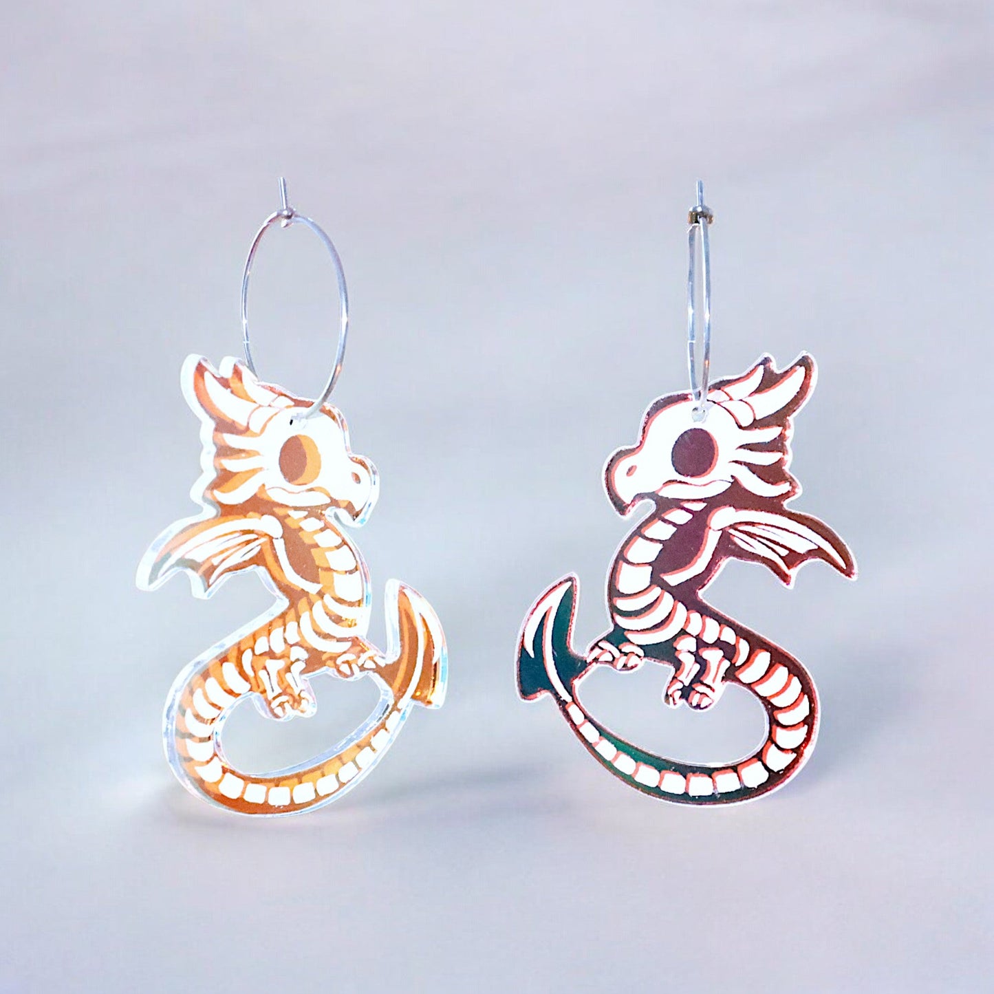 Reversible Iridescent Skeleton Dragon Earrings - Handmade Fantasy Jewellery