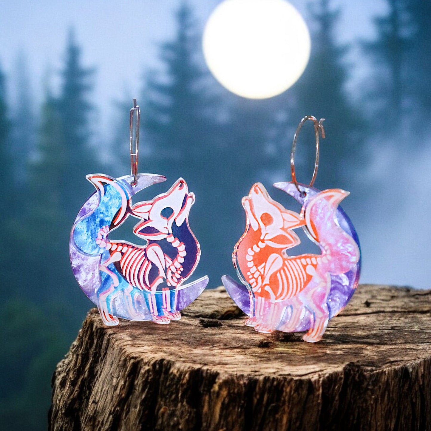 Iridescent Skeleton Wolf Earrings - Handmade Fantasy Jewellery