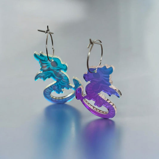 Reversible Iridescent Skeleton Dragon Earrings - Handmade Fantasy Jewellery