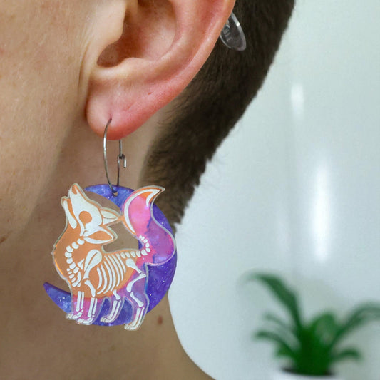 Iridescent Skeleton Wolf Earrings - Handmade Fantasy Jewellery