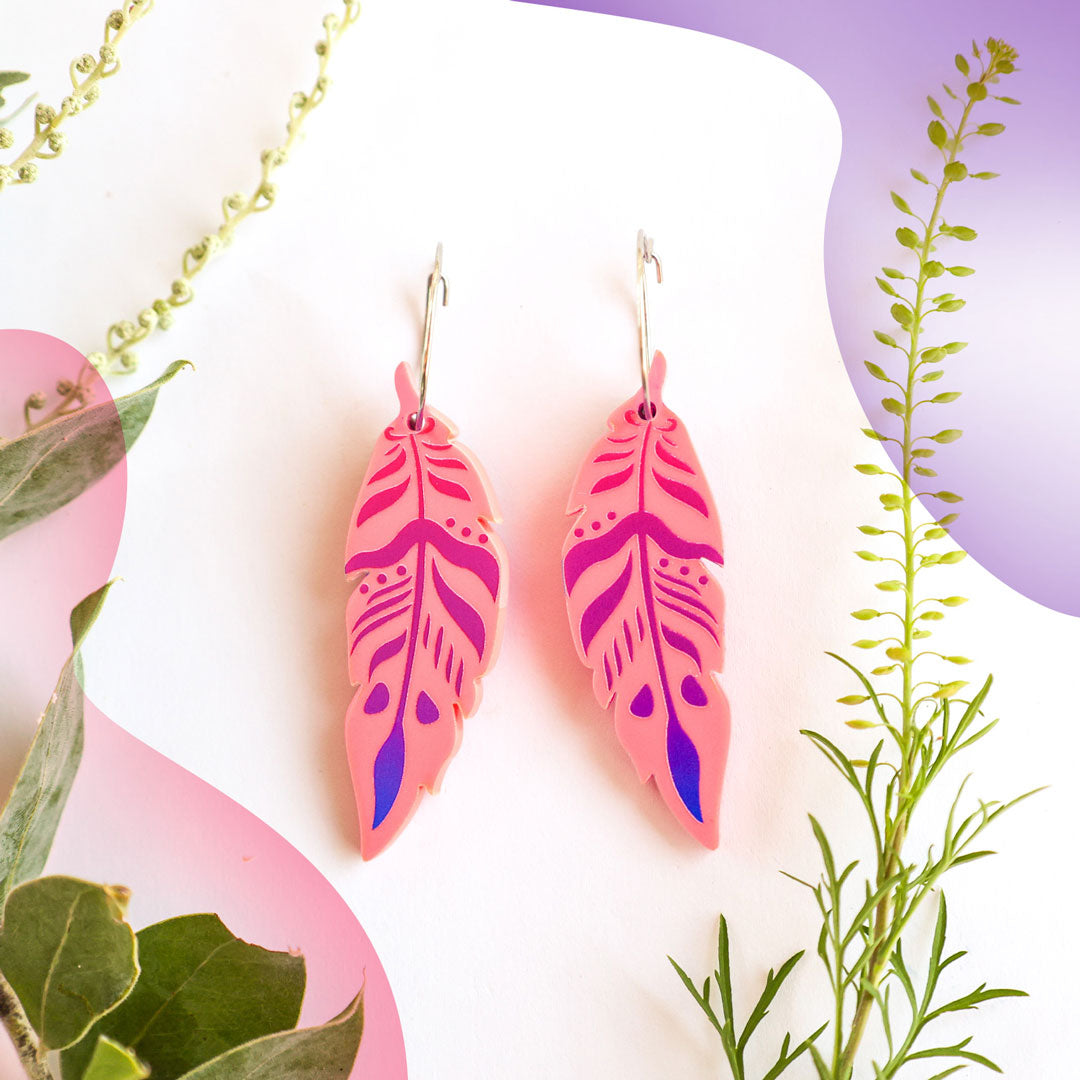 Funky Feathers - Raspberry - Handmade Statement Bird Earrings