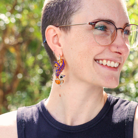 Superb Lyrebird Hoops - Statement Bird Earrings