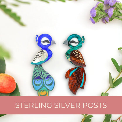 MISMATCHED Peacock/Peahen Studs - Statement Bird Earrings