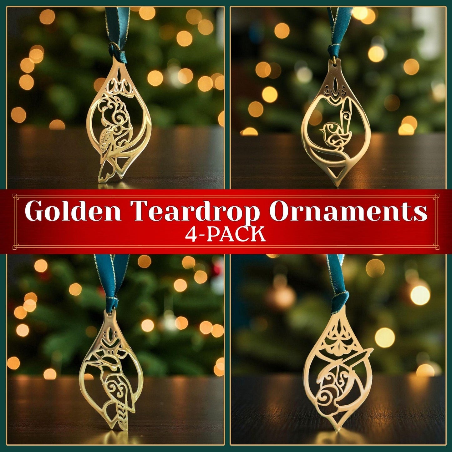 LIMITED EDITION: 4-PACK Golden Teardrop Ornaments - 2025 Christmas Collection