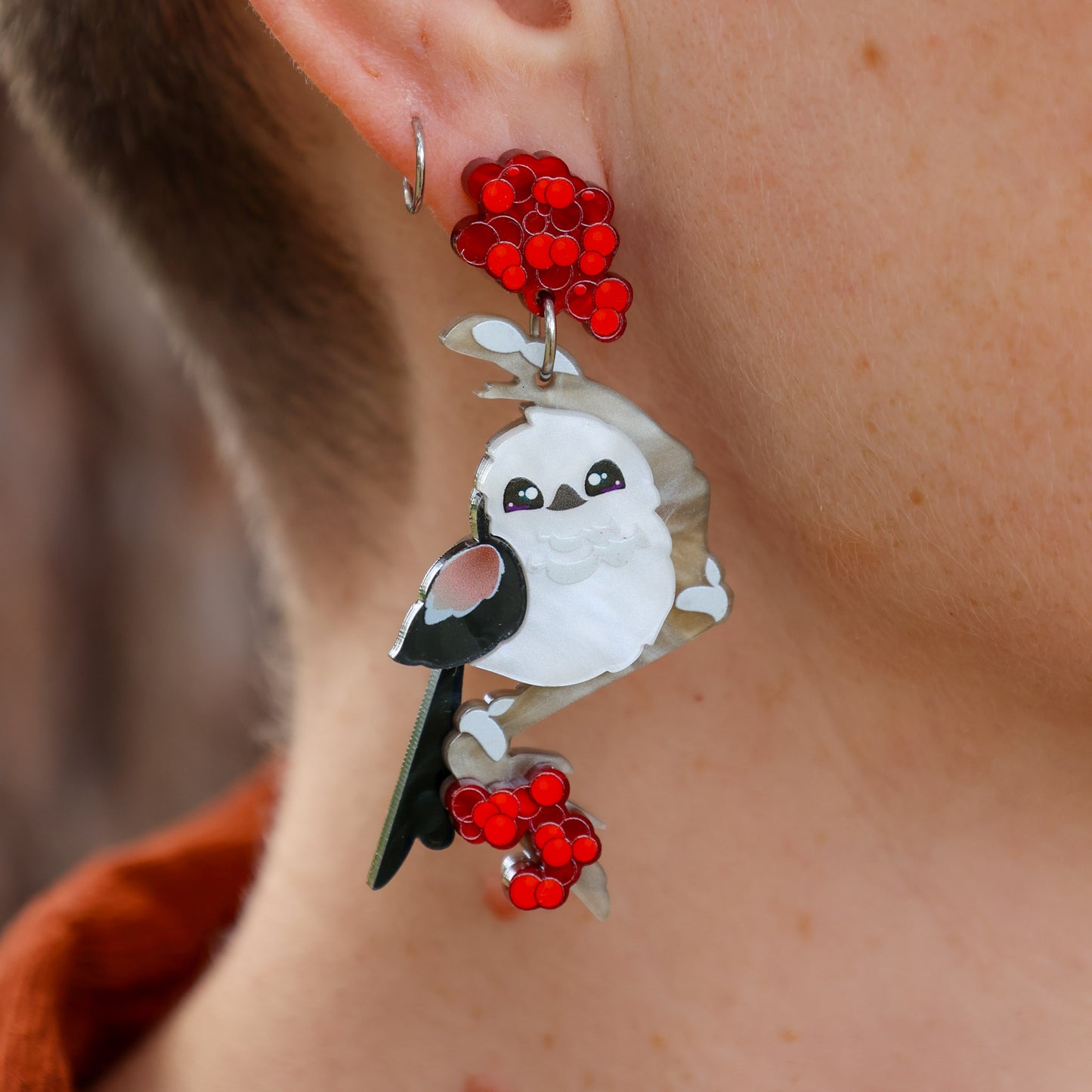 NEW: Japanese Long-Tailed Tit - "Snow Fairy" - Handmade Acrylic Bird Earrings