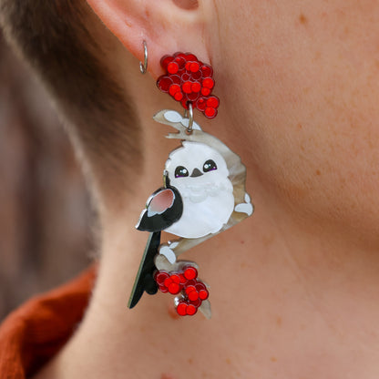 NEW: Japanese Long-Tailed Tit - "Snow Fairy" - Handmade Acrylic Bird Earrings