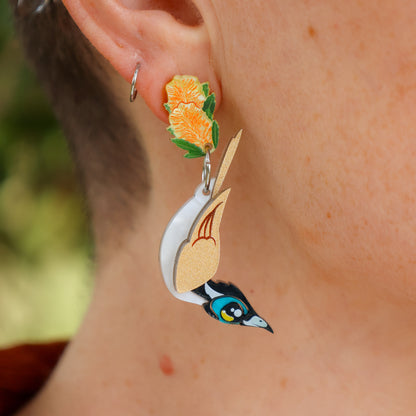 NEW: Blue-Faced Honeyeater - Handmade Acrylic Bird Earrings