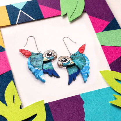 Turquoise Green-Cheeked Conure Acrylic Dangle Earrings - Handmade Bird Earrings
