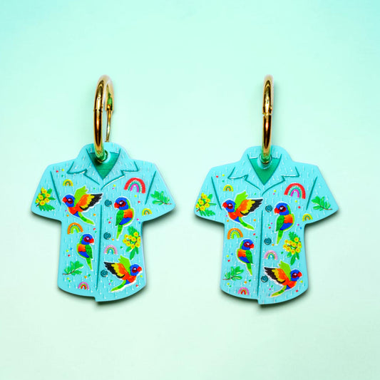 Bird Shirt Hoop Earrings - Aqua Rainbow Lorikeet Print - 2026 Birthday Collection