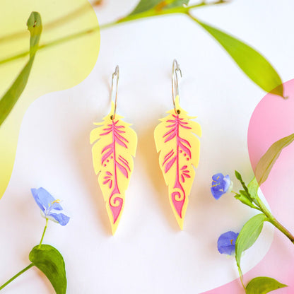 BINKABU Funky Feathers - Lemon handmade acrylic bird earrings