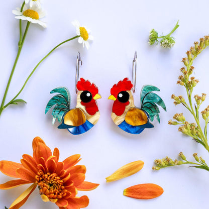 Rooster Hoops - Handmade Bird Earrings
