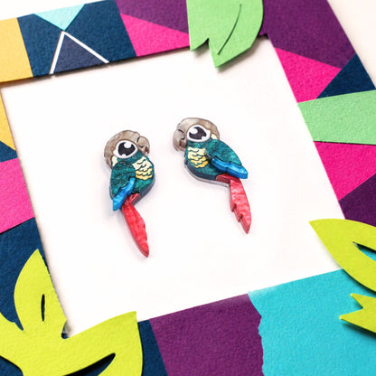 Turquoise Green-Cheeked Conure Acrylic Stud Earrings - Handmade Bird Earrings