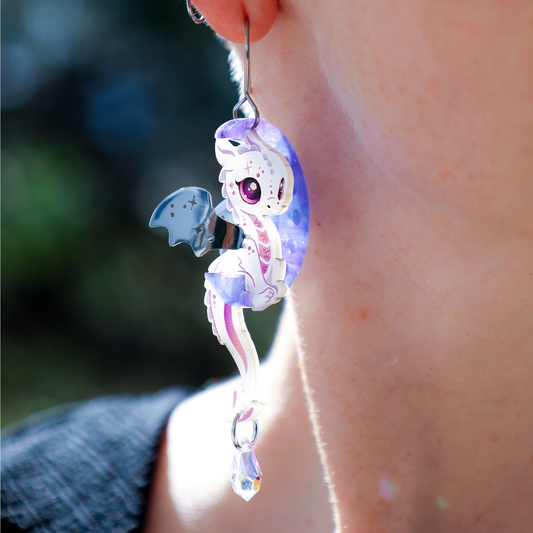 LUNA - 3D Dragon & Moon Earrings - Acrylic + Polished Stainless Steel