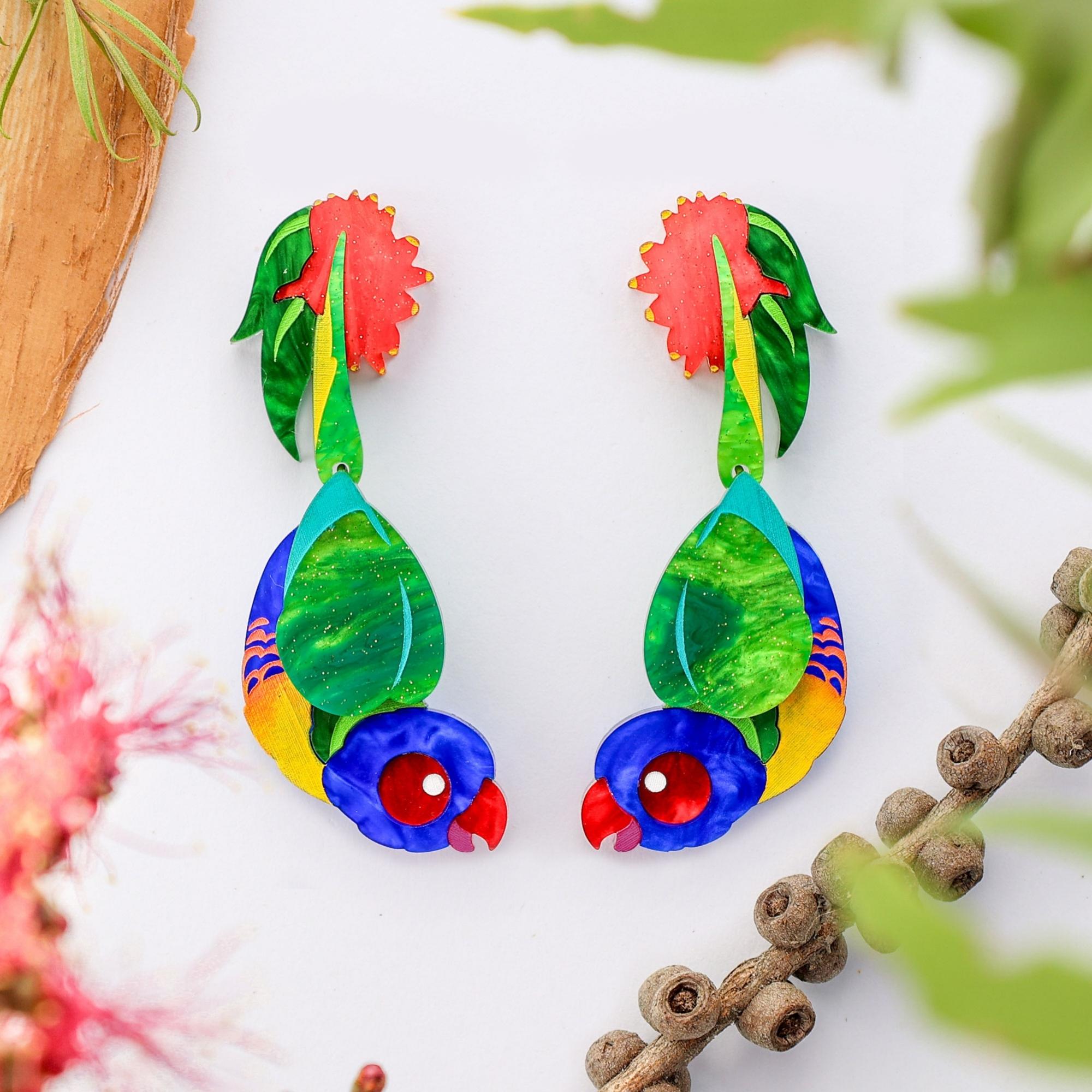 BINKABU Rainbow Lorikeet handmade acrylic bird earrings