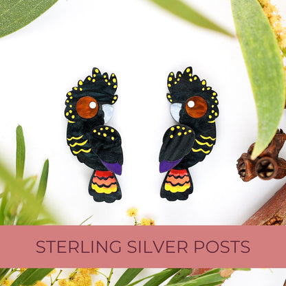 BINKABU Red-Tailed Black Cockatoo handmade acrylic bird earrings
