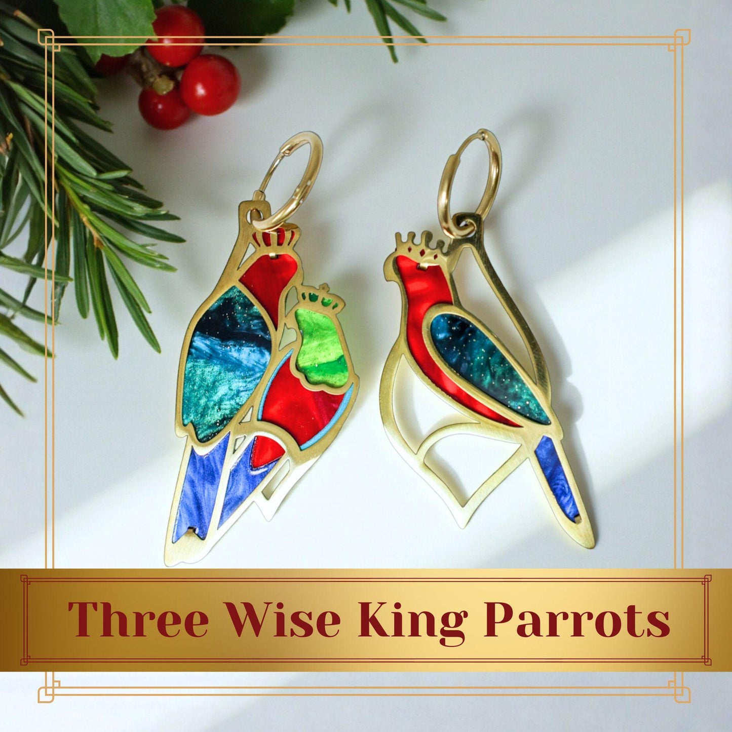 LIMITED EDITION: Three Wise King Parrots - Mismatched Hoop Earrings - 2025 Christmas Collection