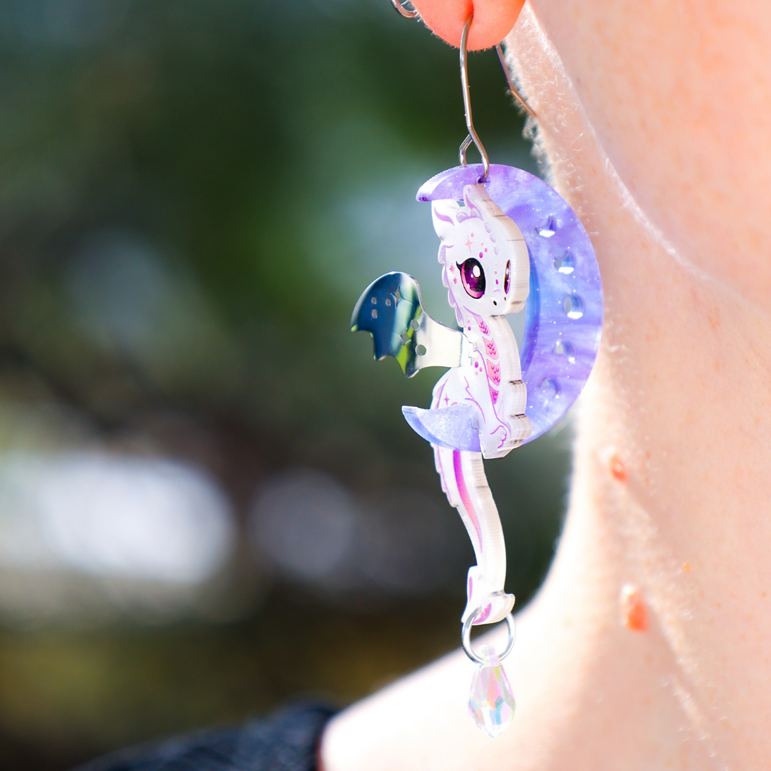 LUNA - 3D Dragon & Moon Earrings - Acrylic + Polished Stainless Steel