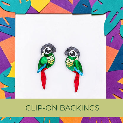 Green-Cheeked Conure Acrylic Stud Earrings - Handmade Bird Earrings