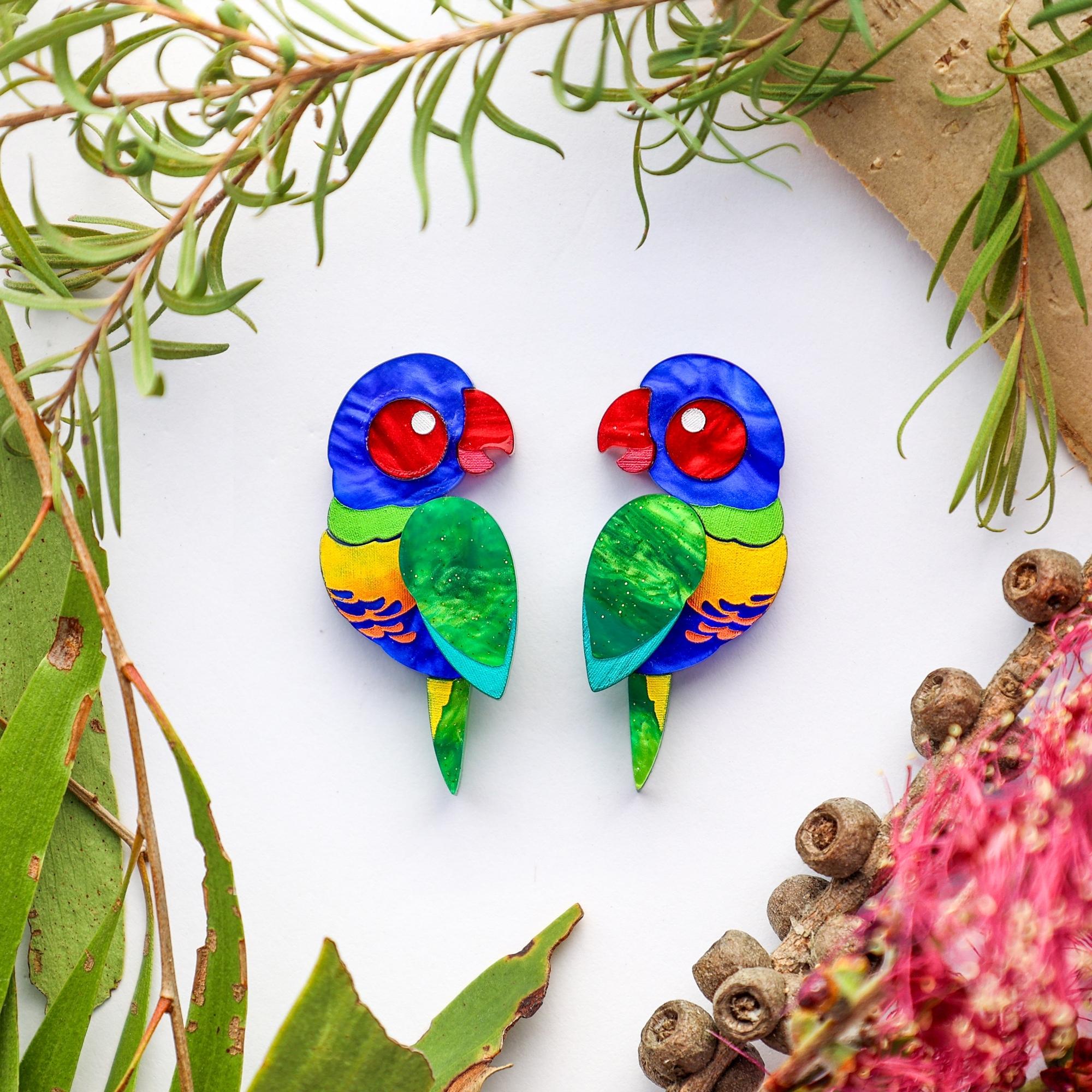 BINKABU Rainbow Lorikeet Studs handmade acrylic bird earrings